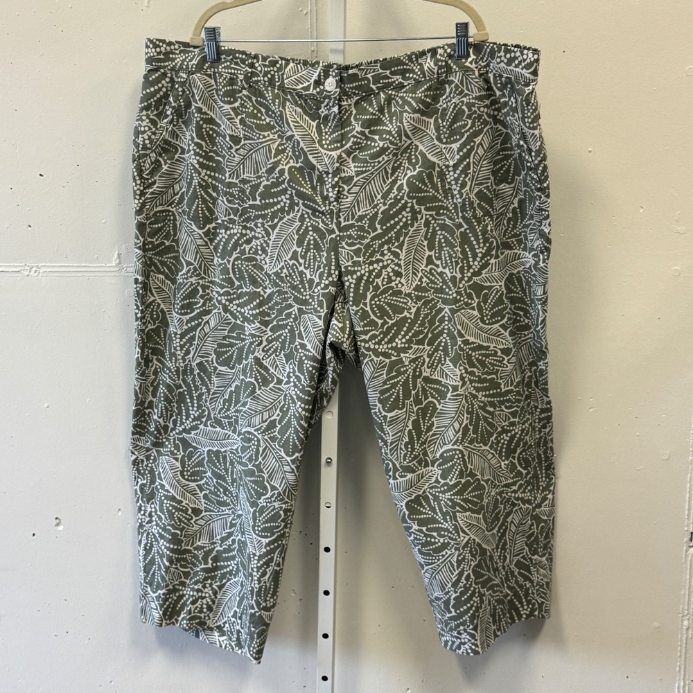 Talbots Plus Tropical Leaf Linen Cotton Crop Pants 24W BD5204 Green White Summer